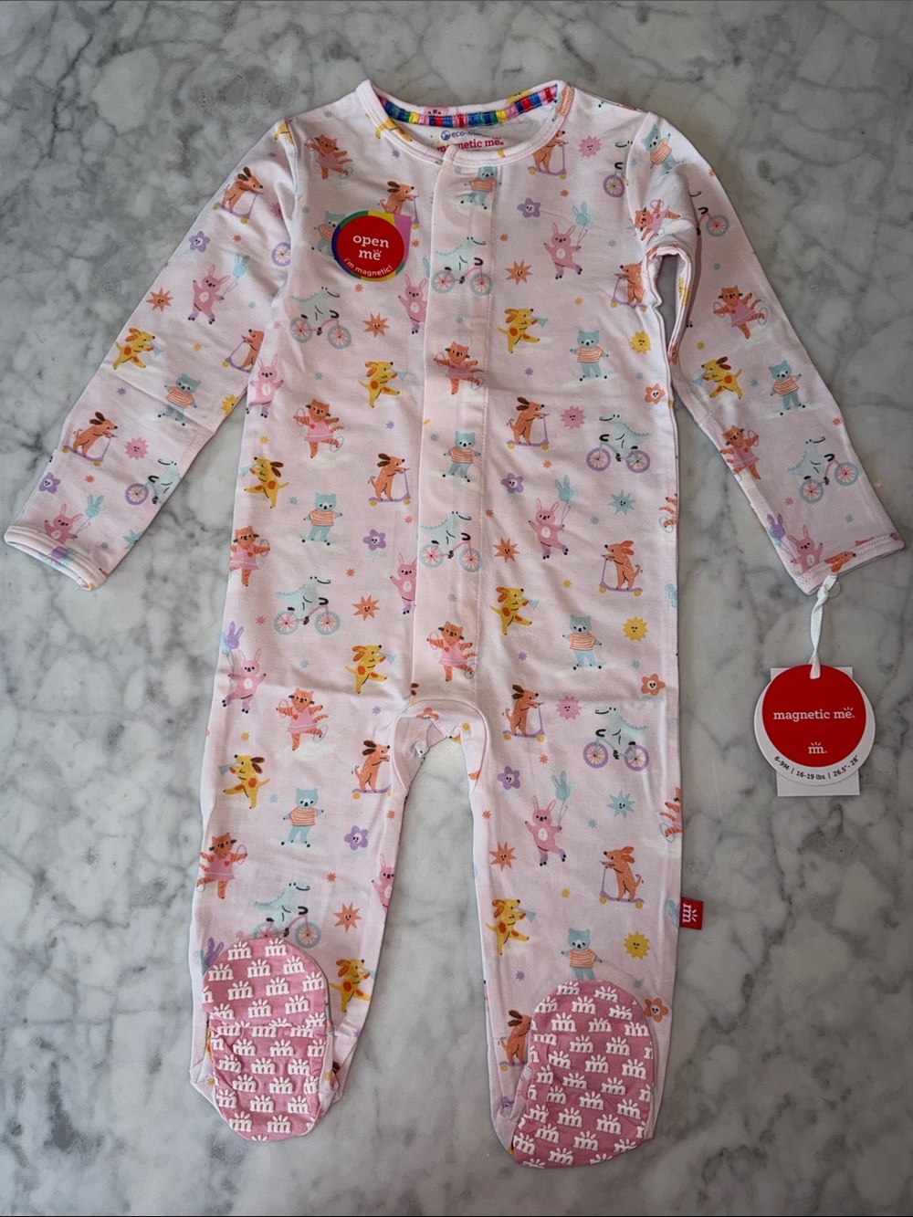NWT Magnetic Me Modal Pink Animal & Bicycle Print Footie 6/9M